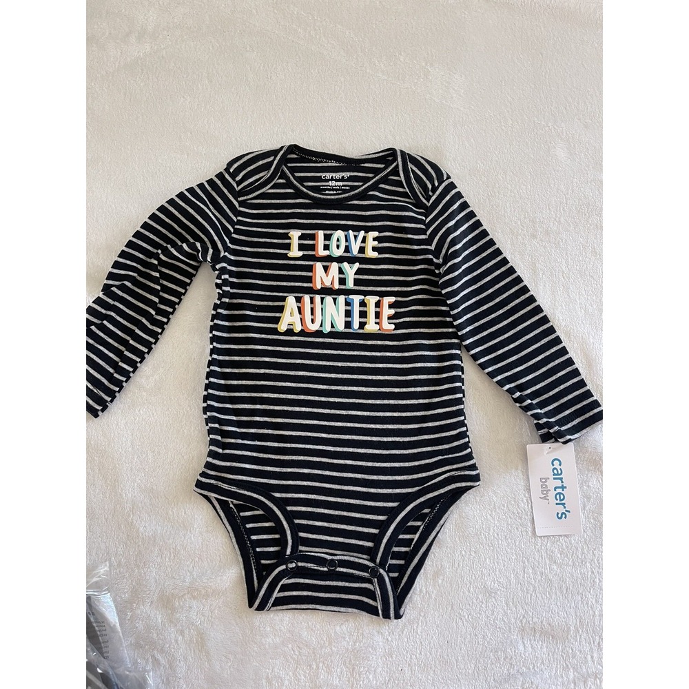 Carter's "I LOVE MY AUNTIE" Black White Stripe Bodysuit Sz 3 Months Long Sleeve
